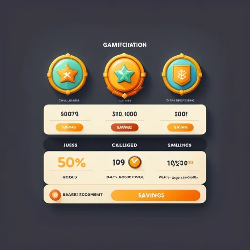 Prompt: Introducing Gamification Elements
A progress bar at the top showing the user's current savings status (display the percentage of achievement and the amount of savings).
In the "Challenges of the Day" section, you will see your daily or weekly savings goals, listing badge icons that you can earn when you complete them.
Badge & Level Screen:
A screen showing the badges collected by the user in the form of cards.
Animated effect with new badges when levelling up.