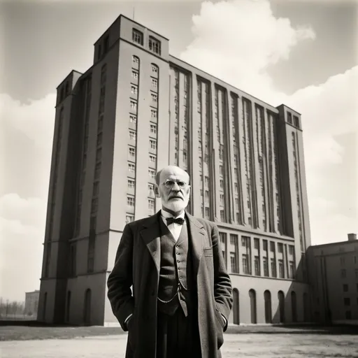 Prompt: Sigmund Freud standing in front of a huge dystopian building,photography in the style of Leni Riefenstahl