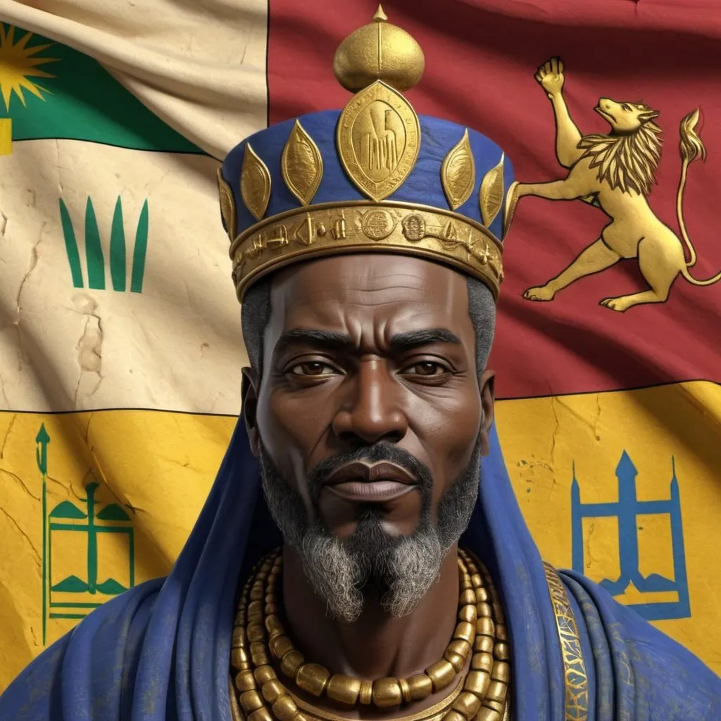 Prompt: 3D image of Mansa Musa with a more prominent Mali Empire\'s flag with gold accents, a scroll with Arabic writing, an aged and weathered appearance, and worn out edges in the background