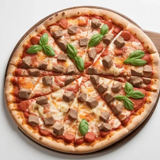 Prompt: assorted meats pizza on white table