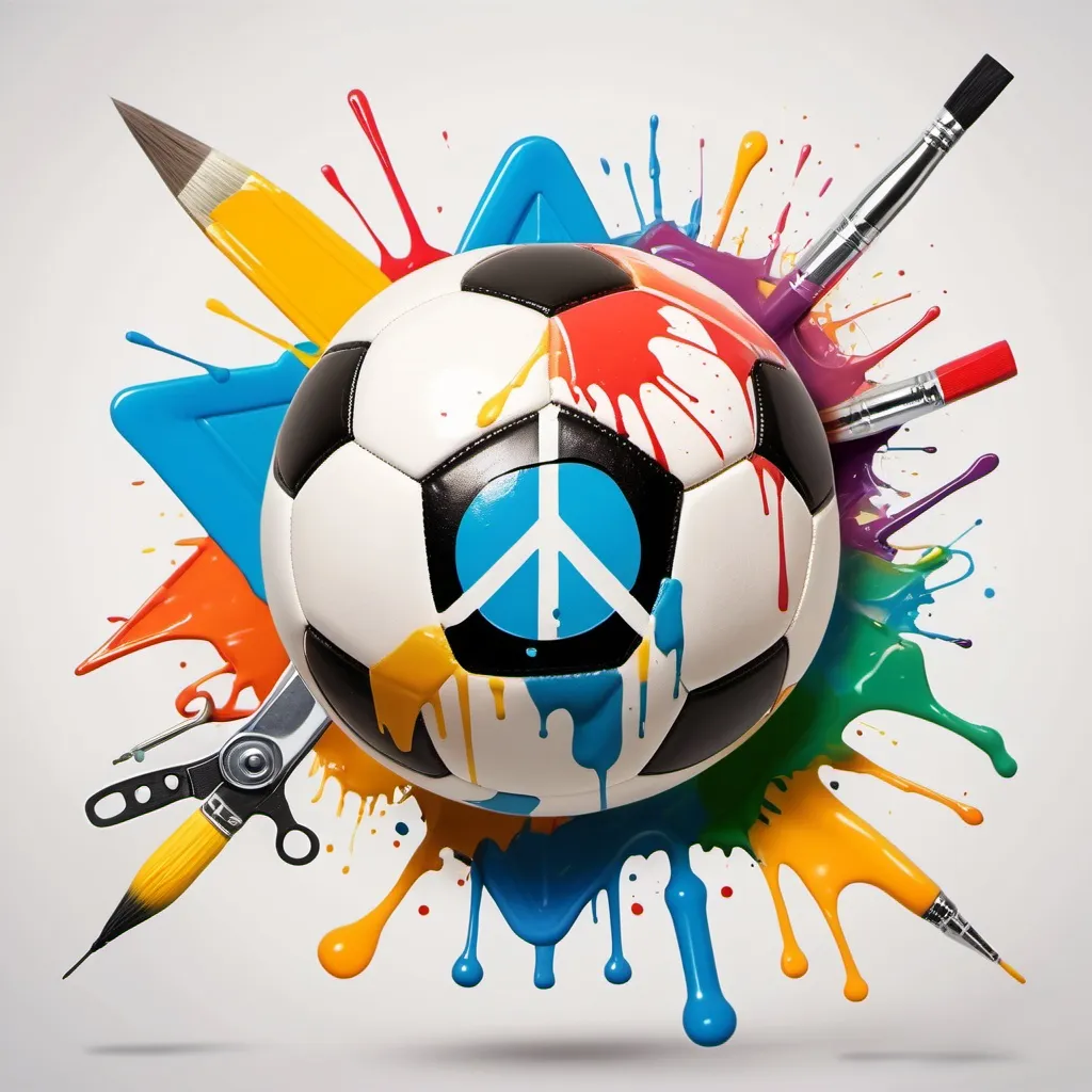 Prompt: An  image of a soccer ball ,surrounded  by Triangle,square, Engineering tools with a peace symbol on the ball on a splash of paint