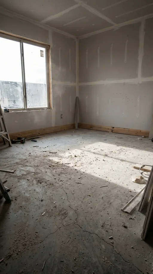 Prompt: A wide-angle cinematic bedroom interior under construction. Bare concrete floor with dust, cracks, and scattered debris. Unfinished white drywall, exposed baseboards, no furniture. Morning natural light entering through a large window. Industrial, raw atmosphere. Static camera, realistic proportions, ultra-detailed, photorealistic, 8k quality