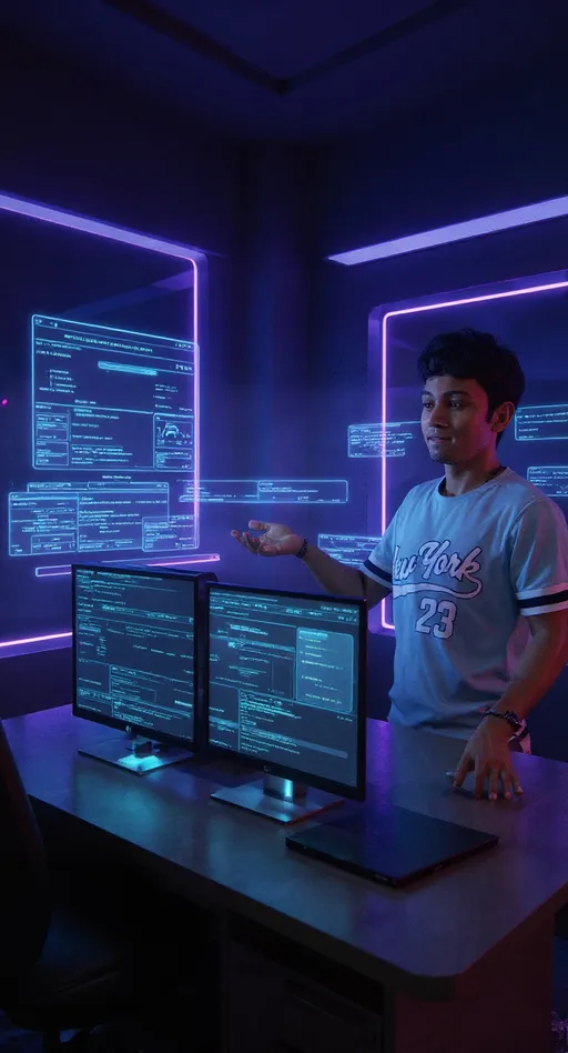 Prompt: A futuristic computer room filled with monitors, glowing RGB lights in blue and purple, AI humanoid character standing near the desk explaining something, holographic interface around, soft cinematic lighting, modern setup, realistic 3D style”
