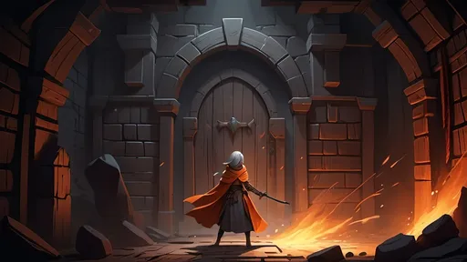 Prompt: (cartoon style illustration), (woman character), grey hair, burnt orange cloak, dynamically fighting, inside a dark dungeon, wooden bow drawn, tense atmosphere, mysterious shadows, vibrant color contrast, dramatic lighting, enticing details, action-filled scene, high quality, ultra-detailed, immersive backdrop.