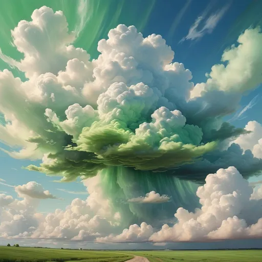 Prompt: Theme/Concept: A nostalgic, dreamlike scene that feels otherworldly yet grounded in nature. The artwork depicts a clear sky infused with vibrant green clouds. The clouds appear to move gently yet powerfully, building a sense of momentum as they hug the sky. The scene radiates positivity and hope while maintaining an air of mystery and energy.

Mood and Emotion: Energetic, sunny, powerful, and hopeful with a touch of mystery. The overall tone should feel uplifting and inspiring.

Key Elements:

A clean, expansive sky with a mix of soft white clouds and striking green clouds dominating the scene.
Beautiful, glowing lighting that transitions seamlessly across the colors.
The green clouds are the focal point, appearing dynamic and alive as they move forward in the composition.
Color Palette:

Sky blue as the dominant color, complemented by vibrant shades of green for the clouds.
Subtle fading effects with whites and soft highlights create harmony and enhance the ethereal quality of the piece.
Style: High-poly realism with intricate details and smooth blending. The artwork should feel immersive and visually rich, capturing the beauty and movement of the clouds.

Composition: A centered composition, with green clouds drawing the viewer's eye forward into the sky. The background is a clean sky with faint, soft white clouds fading into the distance.

Additional Details:

The artist's name, "YOS," should be hidden subtly in the artwork using a coded or cryptic style.
The title, Syrian Wave, should be elegantly integrated into the design, complementing the overall aesthetic without overwhelming the visual balance.
A subtle hint of momentum or movement in the clouds should be visually communicated through their shape and arrangement.
