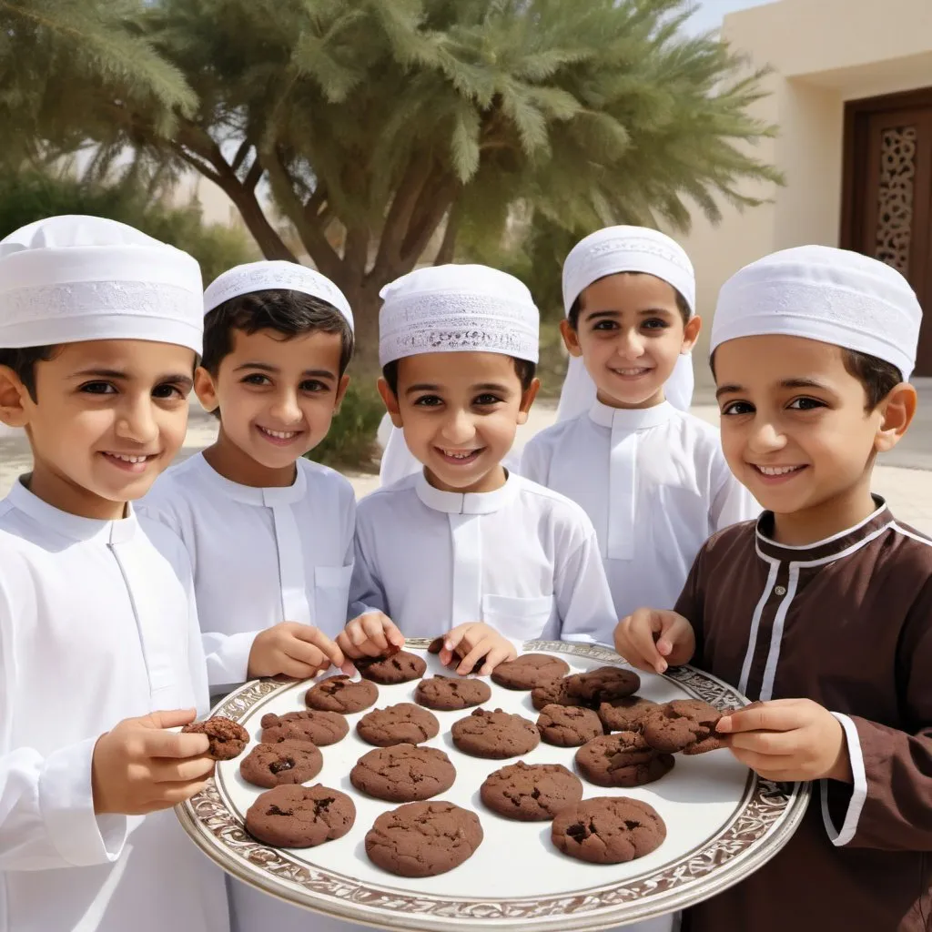 Prompt: small chocolate cookies and biscuits. with Kuwait 5 kids wearing arabic cloth. same kids eating cookies. background outside home garden. big image