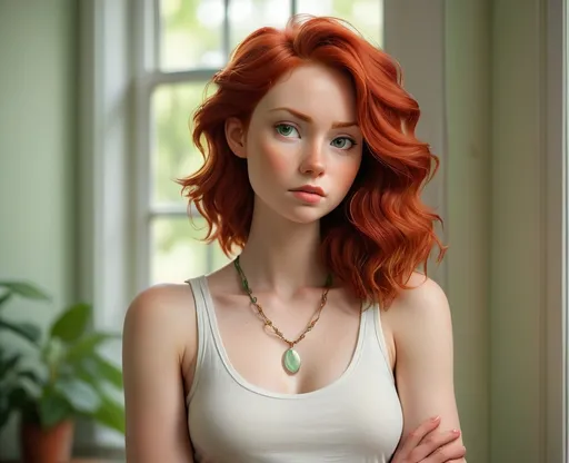Prompt: Radiating a serene confidence, a young woman with striking, wavy red hair stands in a softly lit room, her expression both introspective and poised. She wears a simple white tank top adorned with layered necklaces that add a touch of elegance to her minimalist attire. The background reveals a hint of green foliage through a window and a framed artistic print that hints at creativity and warmth. The light filtering in enhances her porcelain complexion, creating a gentle play of shadows that accentuates the calm atmosphere of the scene. The overall composition conveys a sense of tranquility, inviting viewers to ponder the story behind her thoughtful gaze.