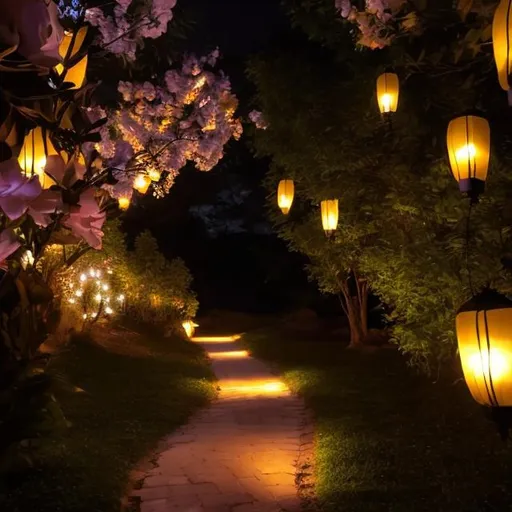 Prompt: magical night pathway with lanterns and flowers