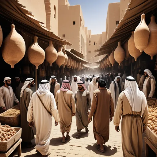 Prompt: generate image of local arab  5-8 peoples in market busy in shopping
 1500 years ago