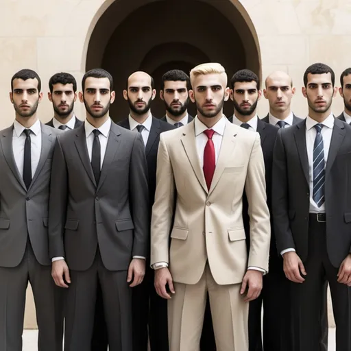 Prompt: two distinct groups positioned apart, a short blond Jewish man, surrounded by serious lawyers in sharp suits, facing a tall, slim Maghrebi individual, a blond Jew, and a confident homosexual. The 2 groupe are separated by 10 meters. 