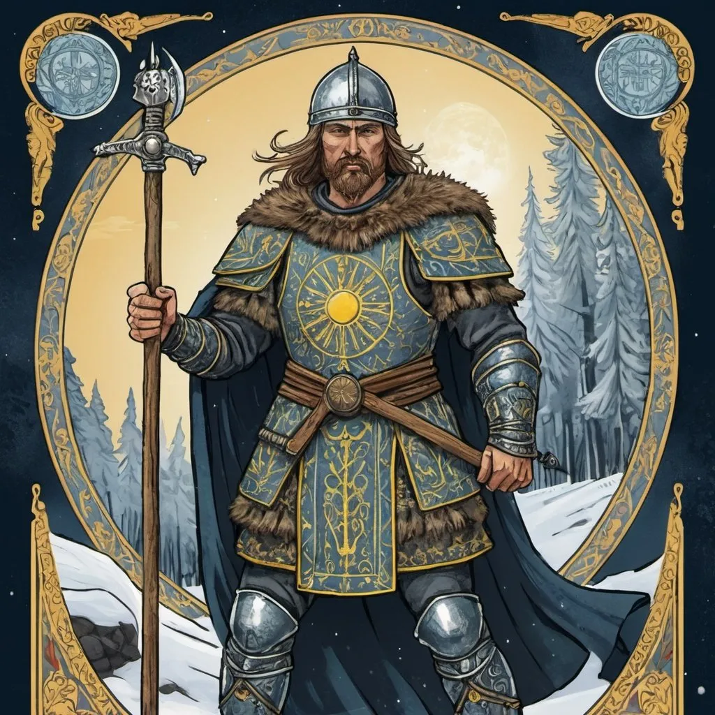 Prompt: tarot card illustration, Hyperborean warrior from ancient Russia