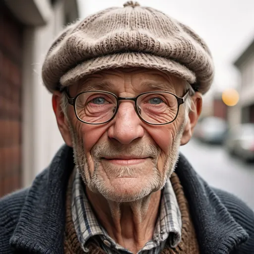 Prompt: "Portrait of an elderly man with deep wrinkles and a warm smile, wearing a well-worn, knitted sweater and a newsboy cap. His eyes are bright with wisdom and kindness, showing years of life experience. He has a short, neatly trimmed white beard and glasses perched low on his nose. The background is softly blurred, focusing attention on the man's expressive face, capturing the texture of his skin and the subtle details of his facial expression. Natural lighting, giving a cozy and nostalgic feel."