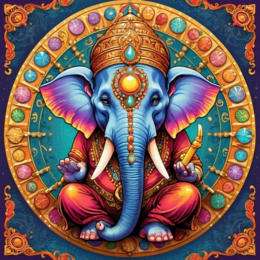 Prompt: The Wheel of Fortune,tarot ,Ganesha, vibrant and colorful, detailed illustration, high quality, artistic, traditional, intricate patterns, playful expression, elephant head, human body, ornate jewelry, vibrant colors, joyful and carefree, best quality, detailed, traditional art, colorful, intricate details, playful expression, divine, vibrant, ornate, joyful, artistic,background bright