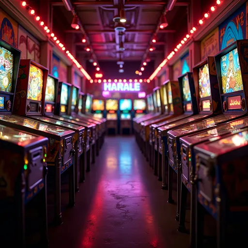 Prompt: A first-person perspective view inside a retro arcade full of vintage pinball machines, 1980s style, neon lights glowing, colorful flashing lights, classic arcade atmosphere, detailed pinball machines with shiny metal parts and vibrant artwork, slightly dark but atmospheric, cinematic lighting, realistic style, 4K resolution
