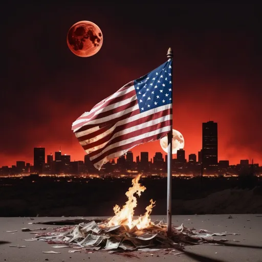 Prompt: A burning american tattered flag with dollar signs where the stars should be. The landscape is of a deserted city that is beginning to crumble. The Sky is a blood red and int the background the moon can be seen, smashed to bits.
