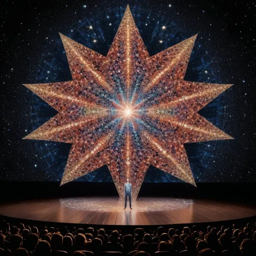 Prompt: One thousand different faces morphed into on. The stage is standing on a star, what real star looks like.