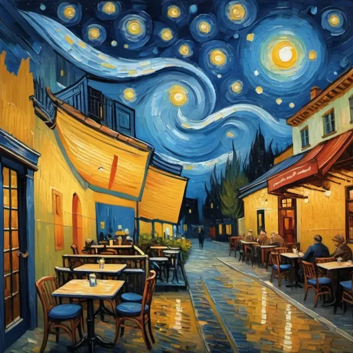 Prompt: Mix the paintings Starry Night and Cafe Terrace at Night of Van Gogh 
