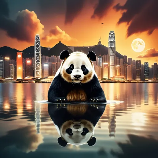 Prompt: (surrealism style), a panda, exploring Hong Kong, vibrant skyline (Victoria Harbour), warm color tones, dreamlike atmosphere, whimsical scenery, floating clouds, illuminated buildings in the distance, reflections on the water, soft, golden light, high depth cinematic masterpiece, ultra-detailed, enchanting mood, inviting vistas, imaginative perspective.