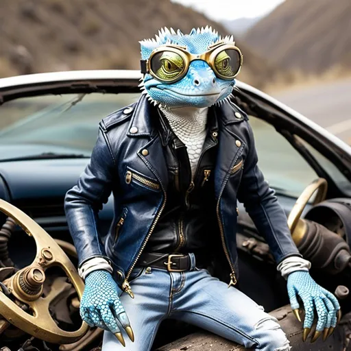 Prompt: an anthro lizard white deep blue scales repairing a wrecked car. wearing a black leather jacket and jeans. thick brass goggles over eyes. fantasy