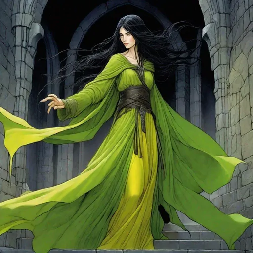 Prompt:  human lady of Minas Tirith Gondor with darker black hair of Tolkien's Middle Earth kinda very  80s style and loose  headveil  loosely draped and revealing her night dark flowing hair head anime look feel detailed defined loose bright vivid rich flowy detailed loose flowy vivid light lime yellow green gown dress in full body pic