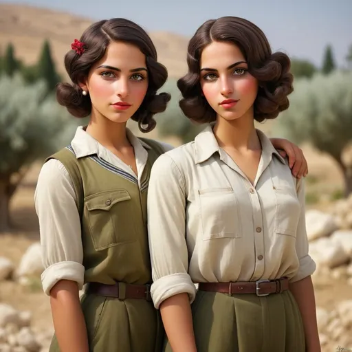 Prompt: Very realistic, very vibrant,authentic looks and feel israeli  very mid to late 1920s true period and place style period styles real realistic looks 1920s in Israel style women with 1920s hairstyles guys shorter natural like hair kinda buffed strong looking kinda kinda lighter olive/tan skin color attractive/handsome very youth both male and female very israelis sabras look in israel in israeli kibbutz very 1929s Israeli fashions styles looking real like authentic natural looking very israeli style very Israeli look ansd feel Israeli vivid like colors full body shots pics young people in group settings variety of realistic real like physical types and looks with some lighter looking very Israeliana