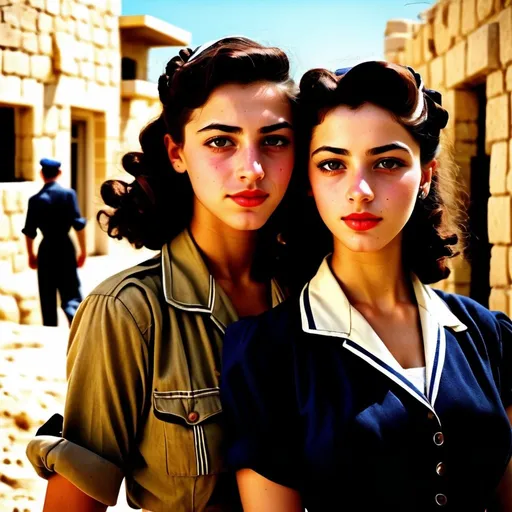 Prompt: Very realistic, very vibrant,authentic looks and feel israeli very early to late very 1940s styles looks true to the period and the place style period styles real realistic looks 1940s in Israel style women with 1940s hairstyles guys shorter natural like hair kinda buffed strong looking kinda kinda lighter olive/tan skin color attractive/handsome very youth both male and female very israelis sabras look in israel in israeli kibbutzs and Israeli towns very 1940s Israeli fashions styles looking real like authentic natural looking very israeli style very Israeli look ansd feel Israeli vivid like colors full body shots pics young people in group settings variety of realistic real like physical types and looks with some lighter looking very Israeliana with more vivid brighter look and details kinda anime feel very Israeli mediterranean 