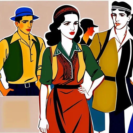 Prompt: Very realistic, very vibrant,authentic looks and feel israeli very early to late 1930s true period and place style period styles real realistic looks  very 1930s in Israel style women with more men males youth included in with 1930s hairstyles guys shorter natural like hair kinda buffed strong looking kinda kinda lighter olive/tan skin color attractive/handsome very youth both male and female very israelis sabras look in israel in israeli kibbutz very 1930s Israeli fashions styles looking real like authentic natural looking very israeli style very Israeli look ansd feel Israeli subtler bright colors full body shots pics young people in group settings variety of realistic real like physical types and looks with some lighter looking very Israeliana