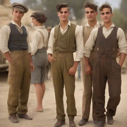 Prompt: Very realistic, very vibrant,authentic looks and feel israeli very early to late 1920s true period and place style period styles real realistic looks 1920s in Israel style women with 1920s hairstyles guys shorter natural like hair kinda buffed strong looking kinda kinda  olive/tan skin color attractive/handsome very youth both male and female very israelis sabras look in israel in israeli kibbutz very 1920s Israeli fashions styles looking real like authentic natural looking very israeli style very Israeli look ansd feel Israeli vivid like colors full body shots pics young people in group settings variety of realistic real like physical types and looks with some lighter looking very Israeliana with more vivid brighter look and details kinda anime feel very Israeli mediterraniea middle eastern feel