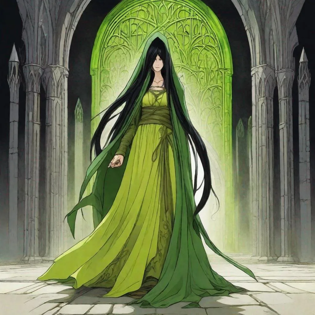 Prompt:  human lady of Minas Tirith Gondor with darker black hair of Tolkien's Middle Earth kinda very  80s style and loose  headveil over head anime look feel detailed defined loose bright vivid rich flowy detailed loose flowy vivid light lime yellow green gown dress in full body pic