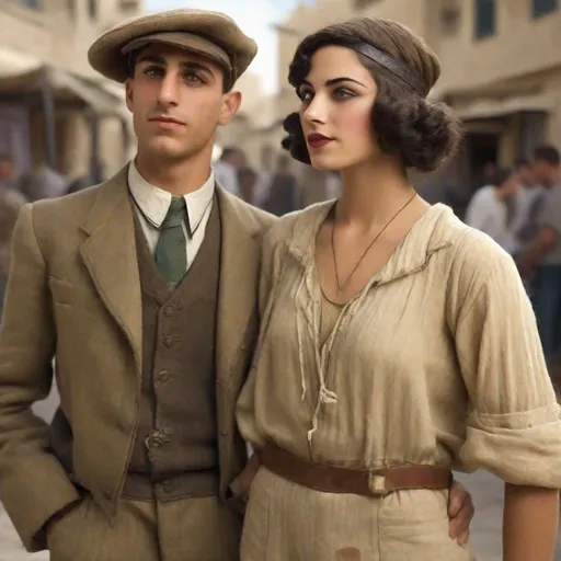 Prompt: Very realistic, very vibrant,authentic looks and feel israeli very early to late 1920s true period and place style period styles real realistic looks 1920s in Israel style women with 1920s hairstyles guys shorter natural like hair  buffed strong looking kinda olive/tan Very skin color attractive/handsome very youthful both male and female very israelis sabras look in israel in israeli kibbutz very 1920s Israeli fashions styles looking real like authentic natural looking very israeli style very Israeli look ansd feel Israeli vivid like colors full body shots pics young people in group settings variety of realistic real like physical types and looks with some lighter looking very Israeliana with more vivid brighter look and details kinda anime feel very Israeli mediterraniea middle eastern feel