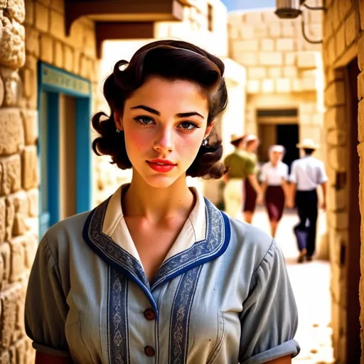 Prompt: Very realistic, very vibrant,authentic looks and feel israeli very early to late very 1950s styles looks true to the period and the place style period styles real realistic looks 1950s in Israel style women with 1950s hairstyles guys shorter natural like hair kinda buffed strong looking kinda kinda lighter olive/tan skin color attractive/handsome very youth both male and female very israelis sabras look in israel in israeli kibbutzs and Israeli towns very 1950s Israeli fashions styles looking real like authentic natural looking very israeli style very Israeli look ansd feel Israeli vivid like colors full body shots pics young people in group settings variety of realistic real like physical types and looks with some lighter looking very Israeliana with more vivid brighter look and details kinda anime feel very Israeli mediterranean 