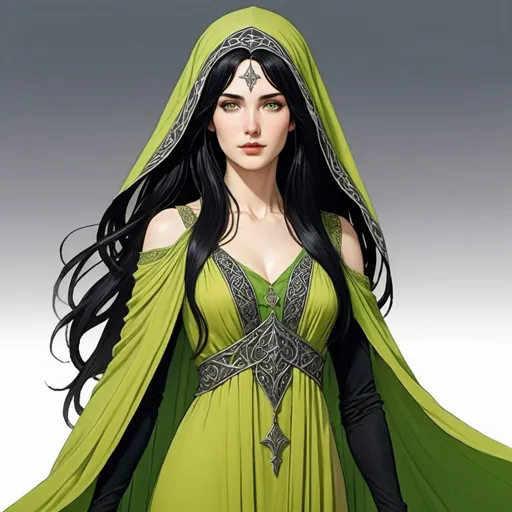 Prompt:  human lady of Minas Tirith Gondor with darker black hair of Tolkien's Middle Earth kinda very  80s style and loose  headveil  loosely draped and revealing her night dark flowing hair head anime look feel detailed defined loose bright vivid rich flowy detailed loose flowy vivid light lime yellow green gown dress  with patterns and desighns detailed in full body pic