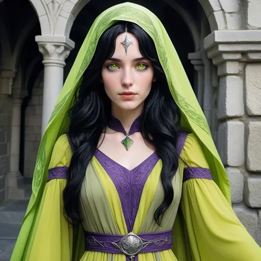 Prompt:  human lady of Minas Tirith Gondor with darker black hair  and darkish purple eyes of Tolkien's Middle Earth kinda very  80s style and loose  headveil  loosely draped and revealing her night dark  raven wavy flowing hair head anime look feel detailed defined loose bright vivid rich flowy detailed loose flowy vivid light lime yellow green gown dress  with patterns and desighns detailed in full body pic