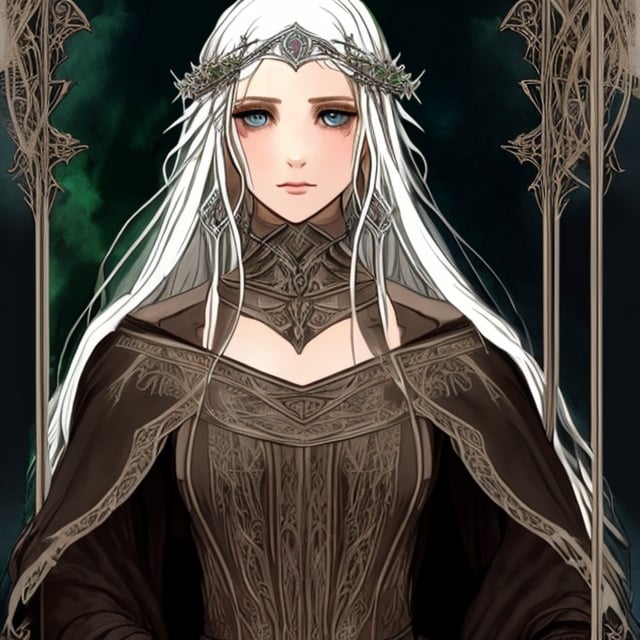 Prompt:  human lady of Minas Tirith Gondor with darker /r brown hair of Tolkien's Middle Earth kinda very  80s style amime look feel detailed defined loose bright vivid rich flowy detailed gown dress 