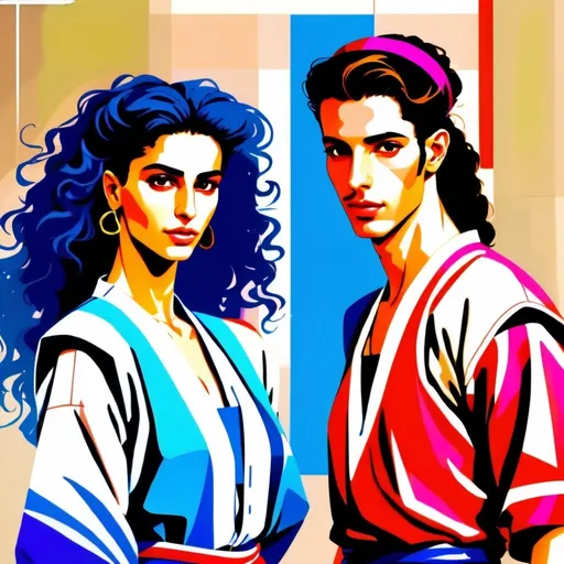 Prompt: dynamic composition, digital rendering, high quality, vibrant,  energetic, fluid shapes, , digital art israeli 1980s period styles looks 80s style women with big kinda hairstyles guys shorter naturall ike hair kinda buffed strong looking kinda mediterramean kinda olive skin color attractive/handsome very youth both male and female very israelis sabras look in israel in israeli kibbutz 80s fashions looking real like authentic natural looking very israeli style in israeli folk dance dress very Israeli look ansd feel Israeli vivid like colors