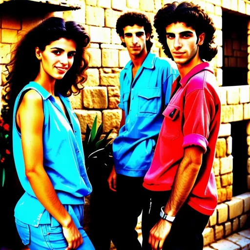 Prompt: high quality, very vibrant,  energetic, fluid shapes, israeli 1980s period styles looks 80s style women with big kinda hairstyles guys shorter naturall like hair kinda buffed strong looking kinda mediterranean kinda olive skin color attractive/handsome very youth both male and female very israelis sabras look in israel in israeli kibbutz 80s fashions looking real like authentic natural looking very israeli style very Israeli look ansd feel Israeli vivid like colors full body shots pics young people in group settings variety of realistic real like physical types and looks with some lighter looking
