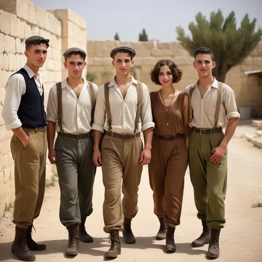 Prompt: Very realistic, very vibrant,authentic looks and feel israeli very early to late 1920s true period and place style period styles real realistic looks 1920s in Israel style women with 1920s hairstyles guys shorter natural like hair kinda buffed strong looking kinda kinda lighter olive/tan skin color attractive/handsome very youth both male and female very israelis sabras look in israel in israeli kibbutz very 1920s Israeli fashions styles looking real like authentic natural looking very israeli style very Israeli look ansd feel Israeli vivid like colors full body shots pics young people in group settings variety of realistic real like physical types and looks with some lighter looking very Israeliana with more vivid brighter look and details kinda anime feel very Israeli mediterraniea middle eastern feel