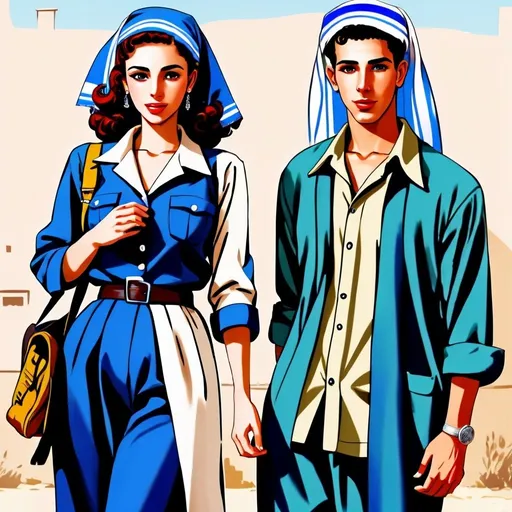 Prompt: Very realistic, very vibrant,authentic looks and feel israeli very early to late very very  all thruout the 1950s styles looks true to the period and the place style period styles real realistic looks 1950s in Israel style women with 1950s hairstyles guys shorter natural like hair kinda buffed strong looking kinda kinda lighter olive/tan skin color attractive/handsome very youth both male and female very israelis sabras look in israel in israeli kibbutzs and Israeli towns very 1950s Israeli fashions styles looking real like authentic natural looking very israeli style very Israeli look ansd feel Israeli vivid like colors full body shots pics young people in group settings variety of realistic real like physical types and looks with some lighter looking very Israeliana with more vivid brighter look and details kinda anime feel very Israeli mediterranean 