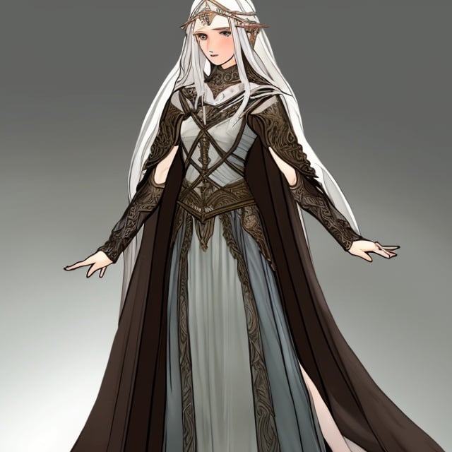 Prompt: A human lady of Minas Tirith Gondor with dark or brown hair of Tolkien's Middle Earth kinda very  80s style amime look feel detailed defined loose briht flowy detailed gown dress 