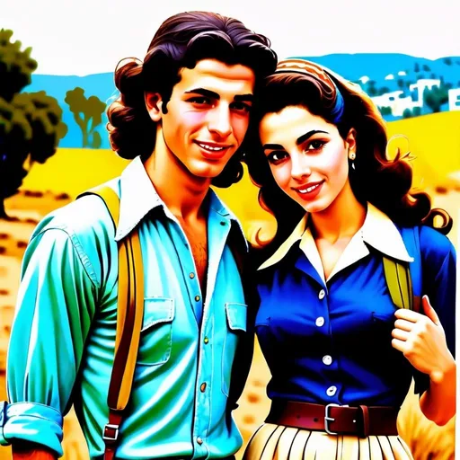 Prompt: Very high quality realistic, very vibrant,authentic looks and feel  , israeli 1950s true to period and place style period styles  real realistic looks 50s style women with 60s  hairstyles guys shorter natural like hair kinda buffed strong looking kinda  kinda lighter olive/tan skin color attractive/handsome very youth both male and female very israelis sabras look in israel in israeli kibbutz  very 70s Israeli fashions styles looking real like authentic natural looking very israeli style very Israeli look ansd feel Israeli vivid like colors full body shots pics young people in group settings variety of realistic real like physical types and looks with some lighter looking
