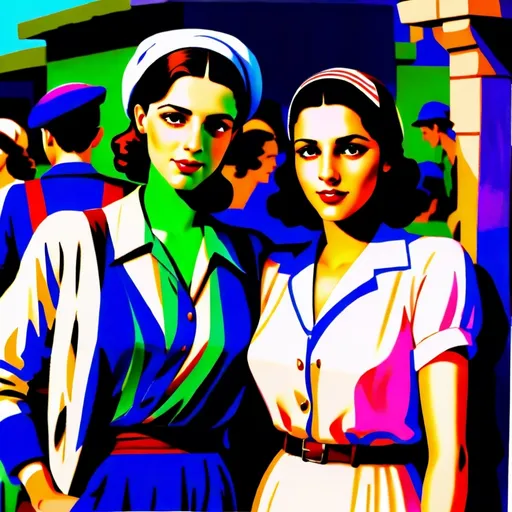 Prompt: Very realistic, very vibrant,authentic looks and feel israeli very early to late 1930s true period and place style period styles real realistic looks  very 1930s in Israel style women with 1930s hairstyles guys shorter natural like hair kinda buffed strong looking kinda kinda lighter olive/tan skin color attractive/handsome very youth both male and female very israelis sabras look in israel in israeli kibbutz very 1930s Israeli fashions styles looking real like authentic natural looking very israeli style very Israeli look ansd feel Israeli vivid like colors full body shots pics young people in group settings variety of realistic real like physical types and looks with some lighter looking very Israeliana