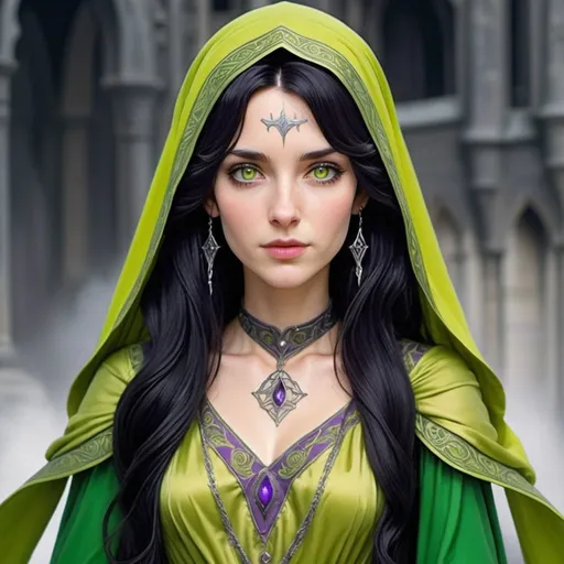 Prompt:  human lady of Minas Tirith Gondor with darker black hair  and darkish purple eyes of Tolkien's Middle Earth kinda very  80s style and loose  headveil  loosely draped and revealing her night dark  raven wavy flowing hair head anime look feel detailed defined loose bright vivid rich flowy detailed loose flowy vivid light lime yellow green gown dress  with patterns and desighns detailed in full body pic