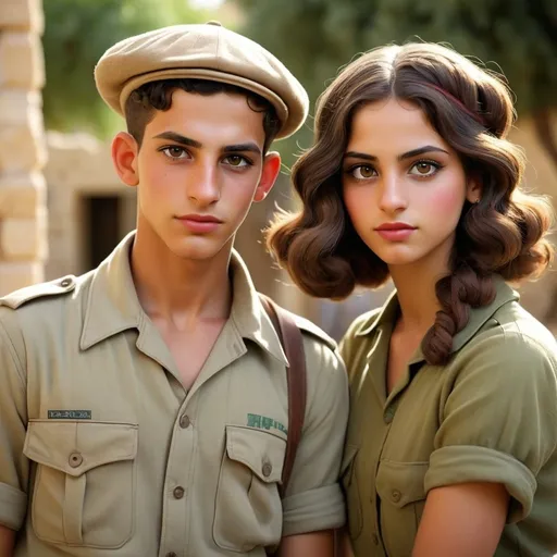 Prompt: Very realistic, very vibrant,authentic looks and feel israeli  very mid to late 1920s true period and place style period styles real realistic looks 1920s in Israel style women with 1920s hairstyles guys shorter natural like hair kinda buffed strong looking kinda kinda lighter olive skin color attractive/handsome very youth both male and female very israelis sabras look in israel in israeli kibbutz and towns very 1929s Israeli fashions styles looking real like authentic natural looking very israeli style very Israeli look ansd feel Israeli vivid like colors full body shots pics young people in group settings variety of realistic real like physical types and lookshaving some lighter fairer looking  types and very Israeliana vivid colors