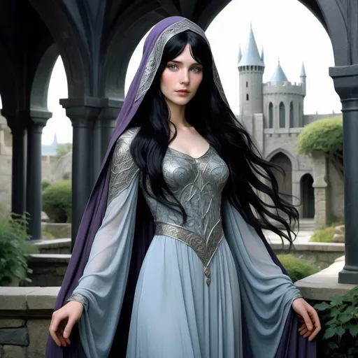 Prompt:  human lady of Minas Tirith Gondor with darker black hair  and darkish purple eyes of Tolkien's Middle Earth kinda very  80s style and loose  headveil  loosely draped and revealing her  very night dark  raven wavy flowing hair head anime look feel detailed defined loose bright vivid rich flowy detailed loose kinda filmy flowy vivid light pale silver skyblue gown dress  with patterns and desighns detailed in full body pic in a courtyard garden