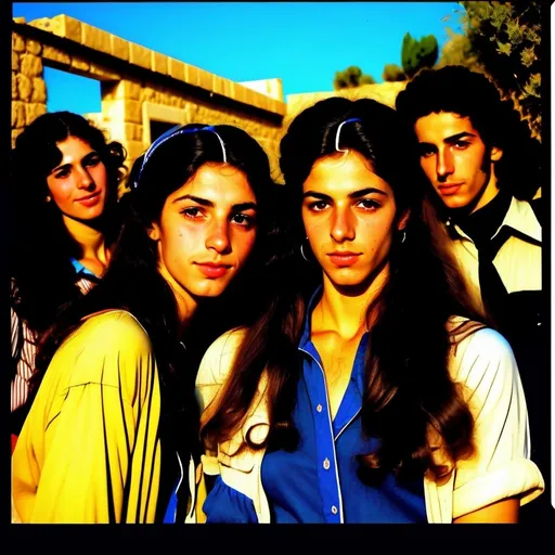 Prompt: Very high quality realistic, very vibrant,authentic looks and fee  energetic, israeli 1970s period styles looks 80s style women with big kinda hairstyles guys shorter naturall like hair kinda buffed strong looking kinda mediterranean kinda olive skin color attractive/handsome very youth both male and female very israelis sabras look in israel in israeli kibbutz  very 70s Israeli fashions styles looking real like authentic natural looking very israeli style very Israeli look ansd feel Israeli vivid like colors full body shots pics young people in group settings variety of realistic real like physical types and looks with some lighter looking
