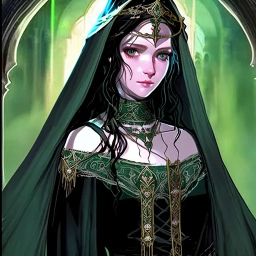 Prompt:  human lady of Minas Tirith Gondor with darker black hair of Tolkien's Middle Earth kinda very  80s style and loose  headveil over head anime look feel detailed defined loose bright vivid rich flowy detailed loose flowy vivid green gown dress in full body pic