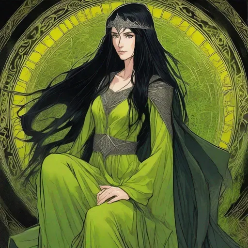 Prompt:  human lady of Minas Tirith Gondor with darker black hair of Tolkien's Middle Earth kinda very  80s style and loose  headveil  loosely draped and revealing her night dark flowing hair head anime look feel detailed defined loose bright vivid rich flowy detailed loose flowy vivid light lime yellow green gown dress  with patterns and desighns detailed in full body pic