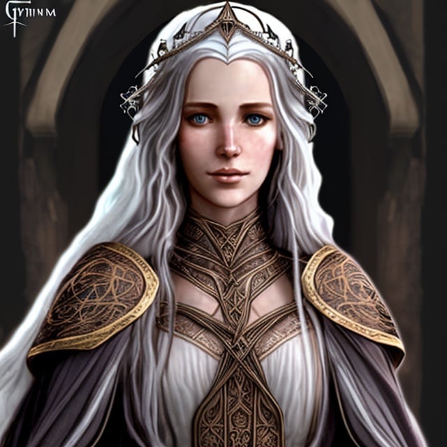 Prompt:  human lady of Minas Tirith Gondor with darker /r brown hair of Tolkien's Middle Earth kinda very  80s style amime look feel detailed defined loose bright vivid rich flowy detailed gown dress 