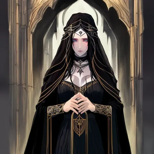 Prompt:  human lady of Minas Tirith Gondor with darker black hair of Tolkien's Middle Earth kinda very  80s style and loose  headveil over head anime look feel detailed defined loose bright vivid rich flowy detailed gown dress in full body pic