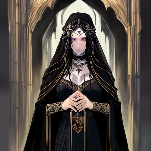 Prompt:  human lady of Minas Tirith Gondor with darker black hair of Tolkien's Middle Earth kinda very  80s style and loose  headveil over head anime look feel detailed defined loose bright vivid rich flowy detailed gown dress in full body pic